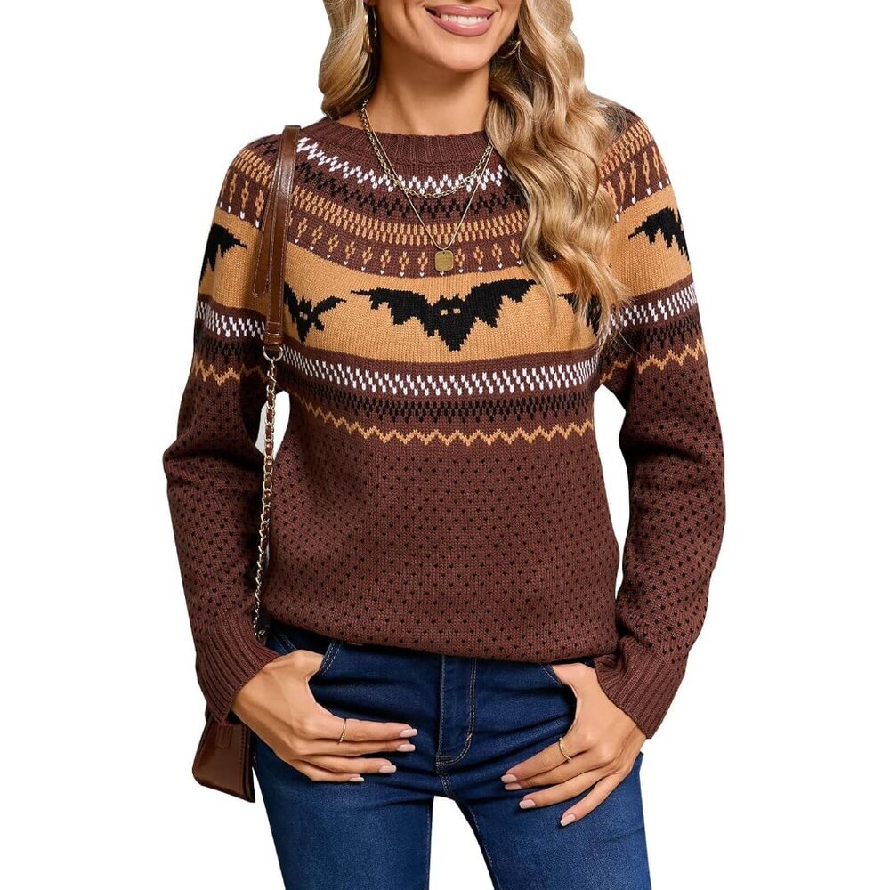 Women's Acrylic Fair Isle Sweater Long Sleeve Crew Neck Casual Pullover